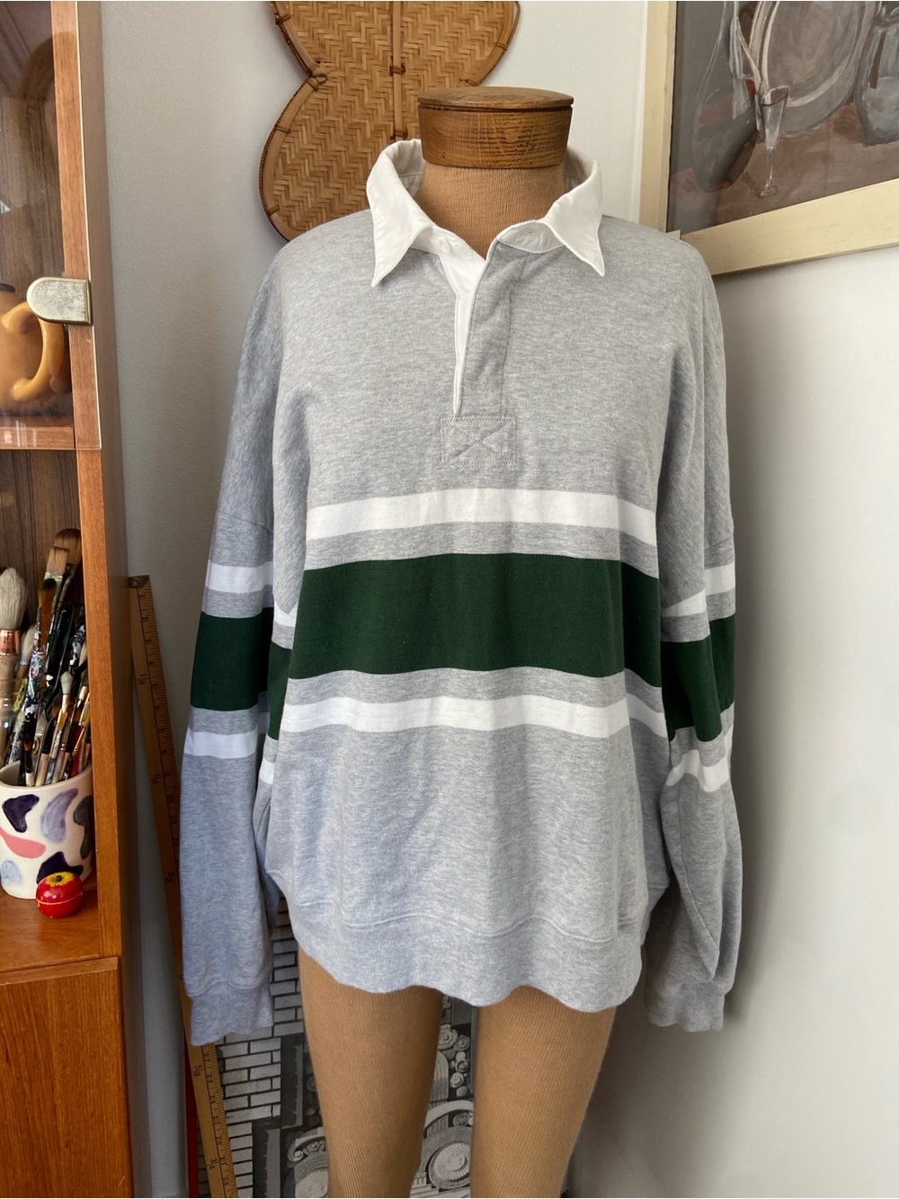 TNA Aritzia Mighty Cotton Lomu Cotton Rugby Knit Shirt - Grey/Dark Green Stripe